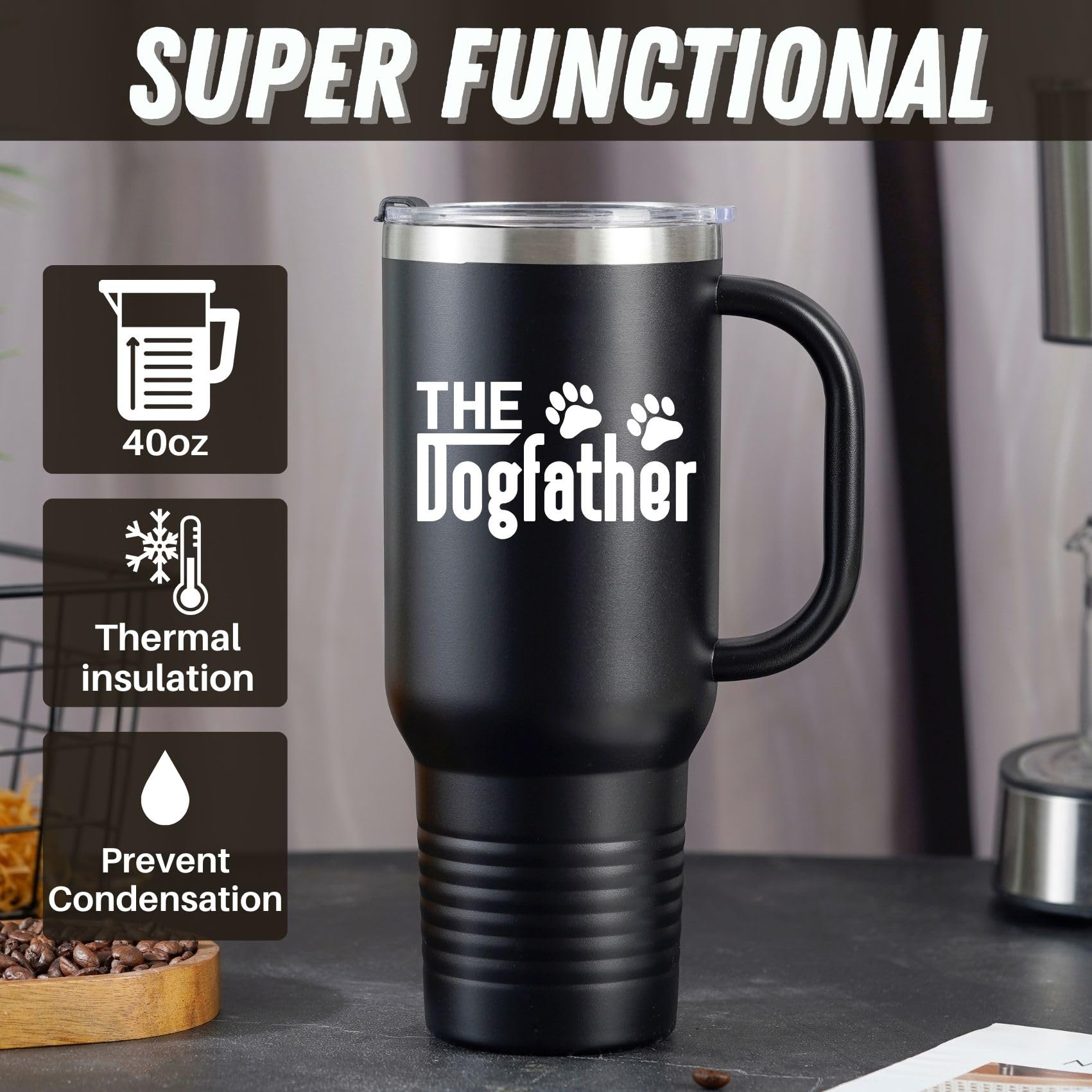 Onebttl The Dogfather - 1180ml Stainless Steel Travel Mug Tumbler With Handle, Lid and Straw for Dog Dad Lover, Owner - Black - Image 2