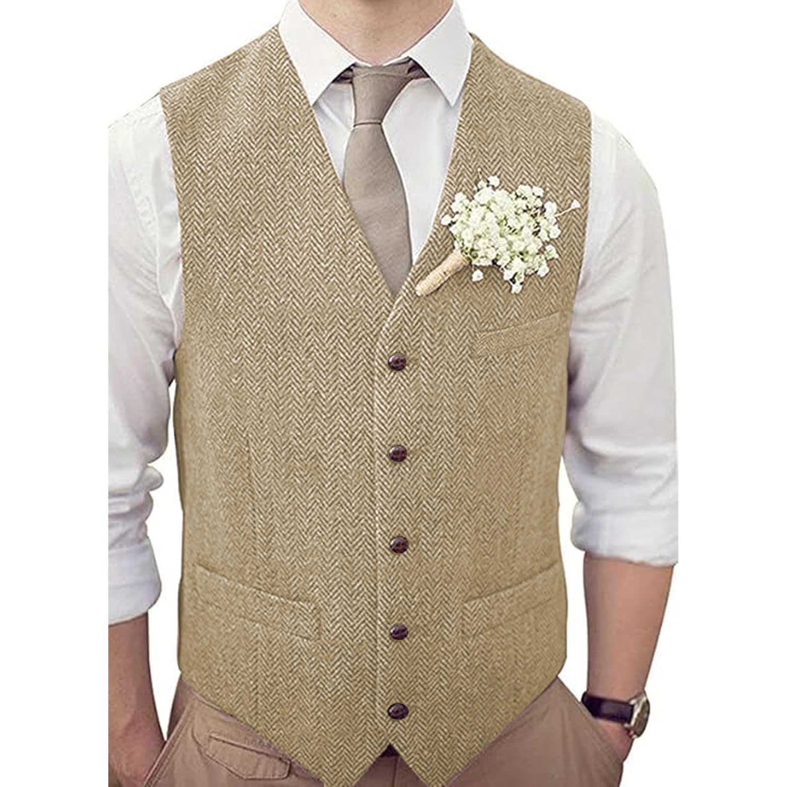 Gilet D'Homme En Laine Tweed à Chevrons Vintage - Classique, 6 Boutons, Pochettes, Style Rétro Pour Costume Ou Décontracté