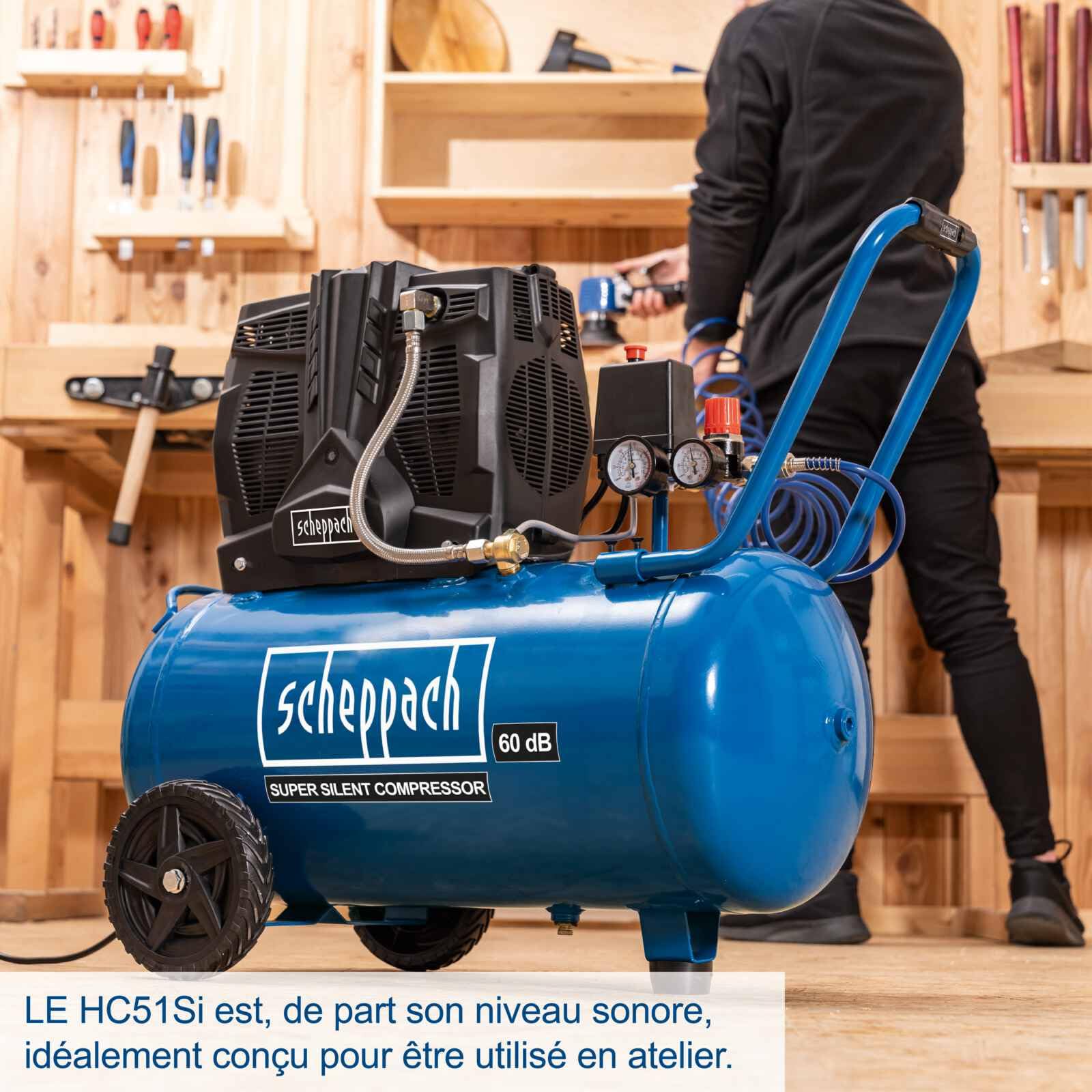 Scheppach Compresseur Bicylindre Super Silencieux HC51Si | 60 dB(A) | Cuve de 50L | 8bar | Sans huile et faible entretien | Admission d'air 300 l/min | 1500W | 2 Manomètres & Raccords Rapides