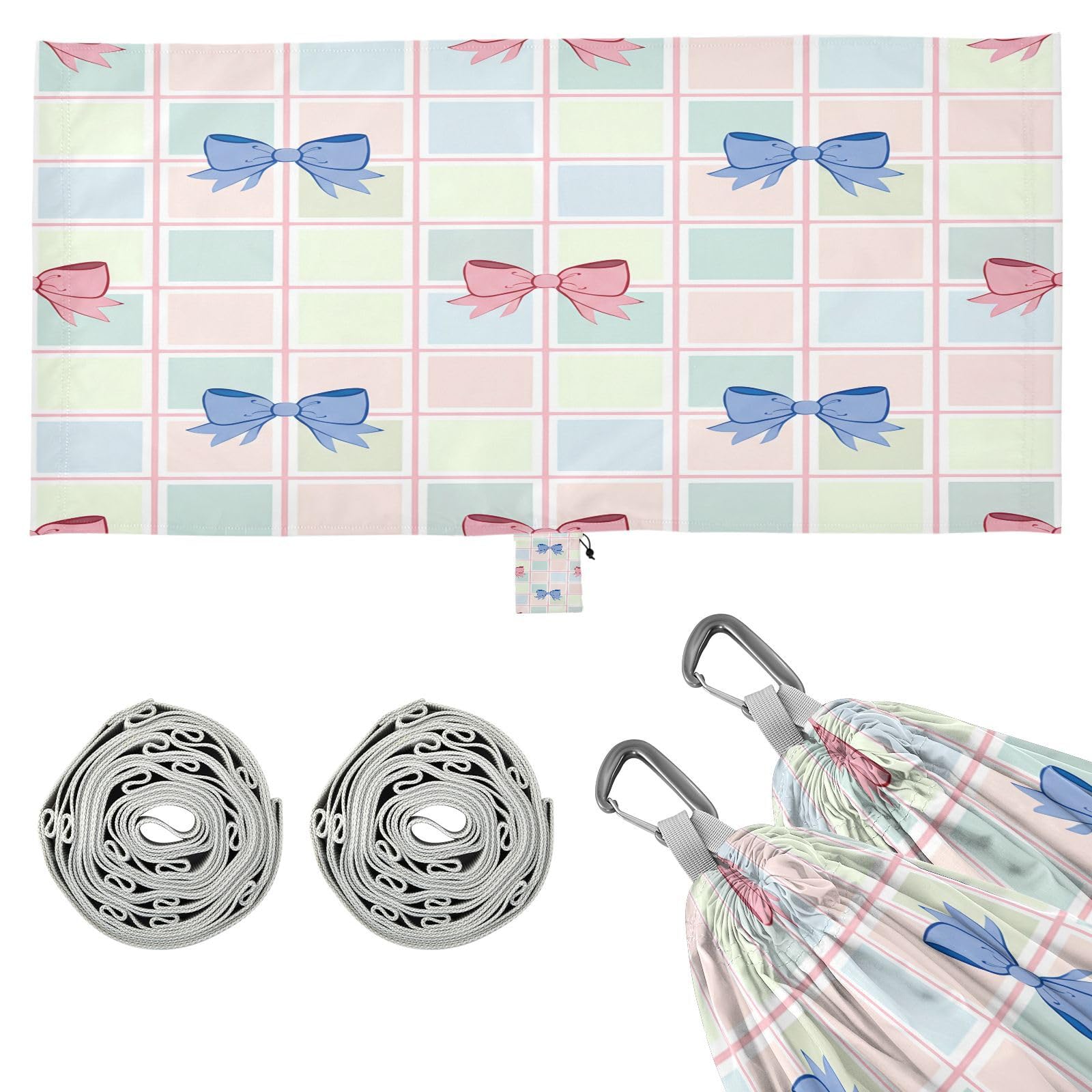 ATTX Blue Pink Bow Camping Hammock - Lightweight & Portable Hammocks, Heavy Duty 330lbs Capacity for Indoor, Hiking, Backpacking, Travel, Backyard, Beach#216