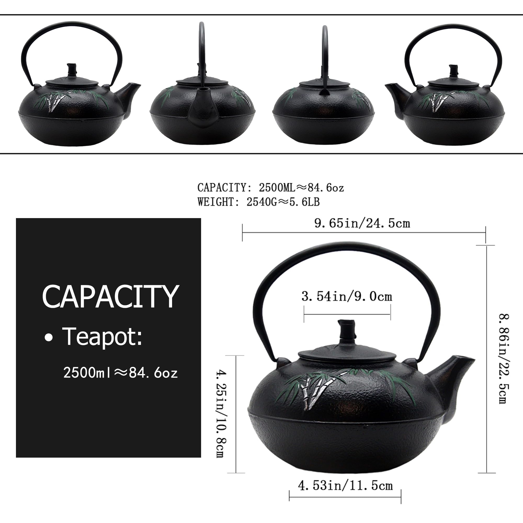 Tetera grande de hierro fundido de 2500 ml para 5 a 8 personas, tetera con infusor de acero inoxidable, tetera de hierro fundido con interior esmaltado, segura para estufa (2500 ml, tetera negra con