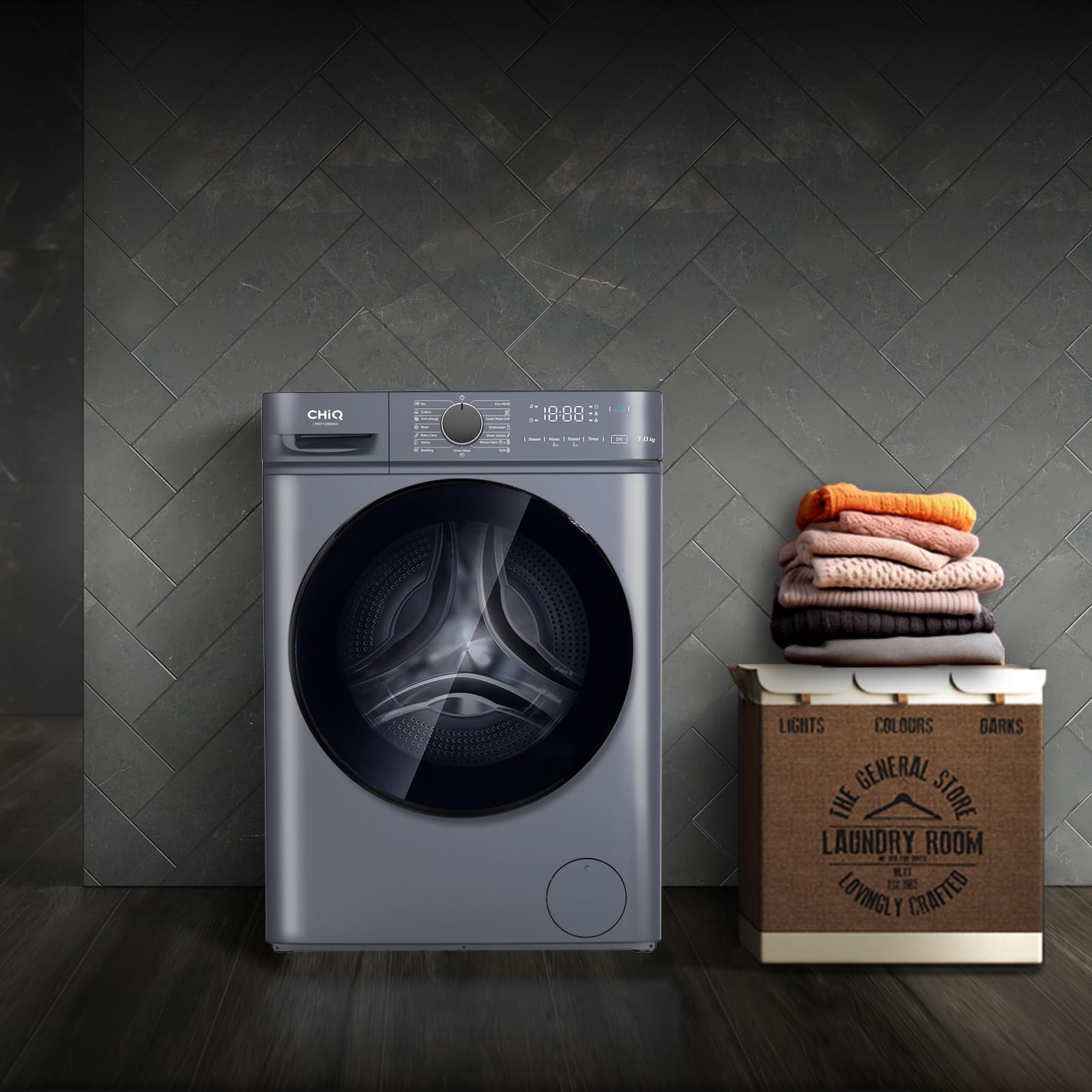 CHiQ CW07123863AX Lavatrice Slim- 7KG, Classe A, Motore BLDC 1200 RPM, Vapore e Lavaggio rapido, 15 Programmi, Design compatto (60x46,5x85cm) - Grigio moderno