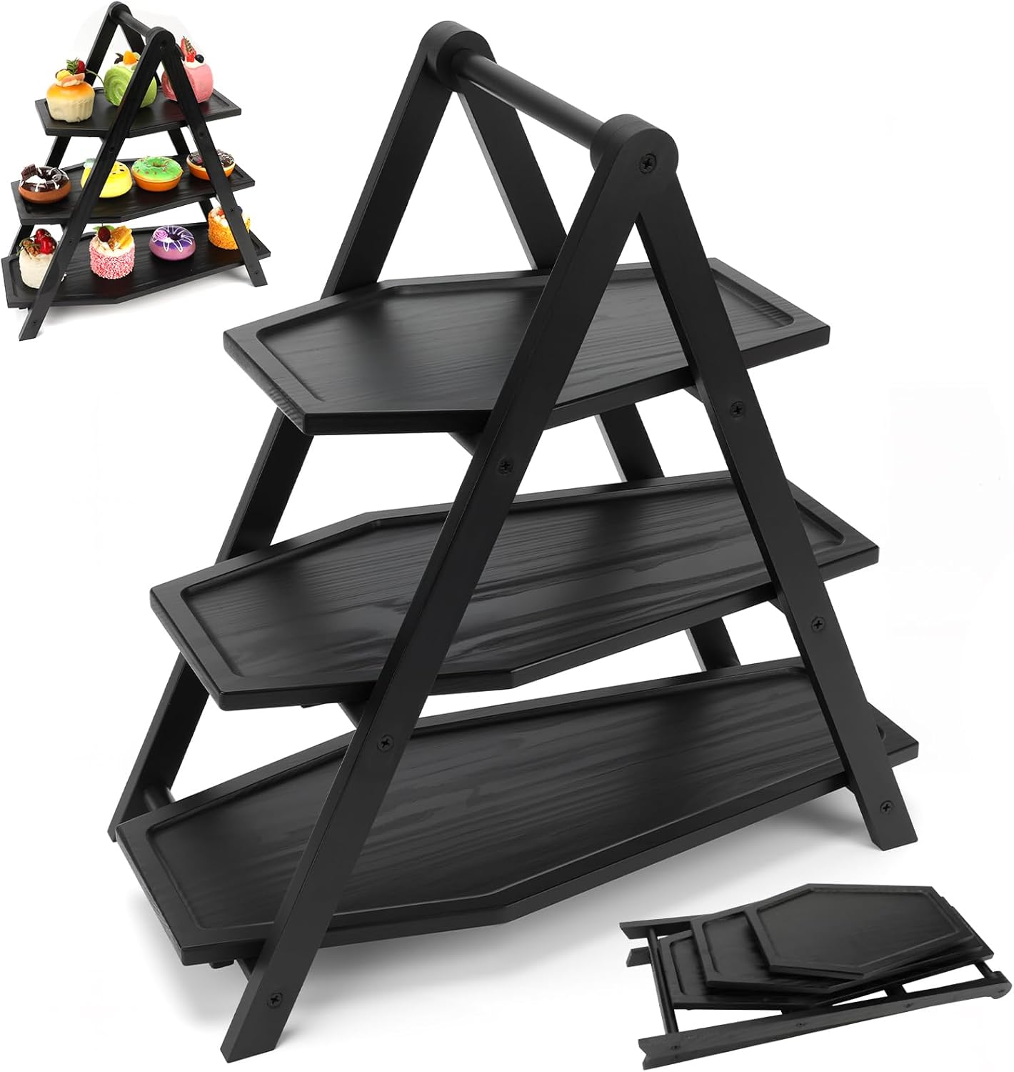 3 Tiered Collapsible Halloween Cupcake Stand 15 Inch Gothic Coffin Serving Tray Halloween Cupcake Holder Goth Table Dessert Display Wooden Coffin Charcuterie Board for Home Party Decoration