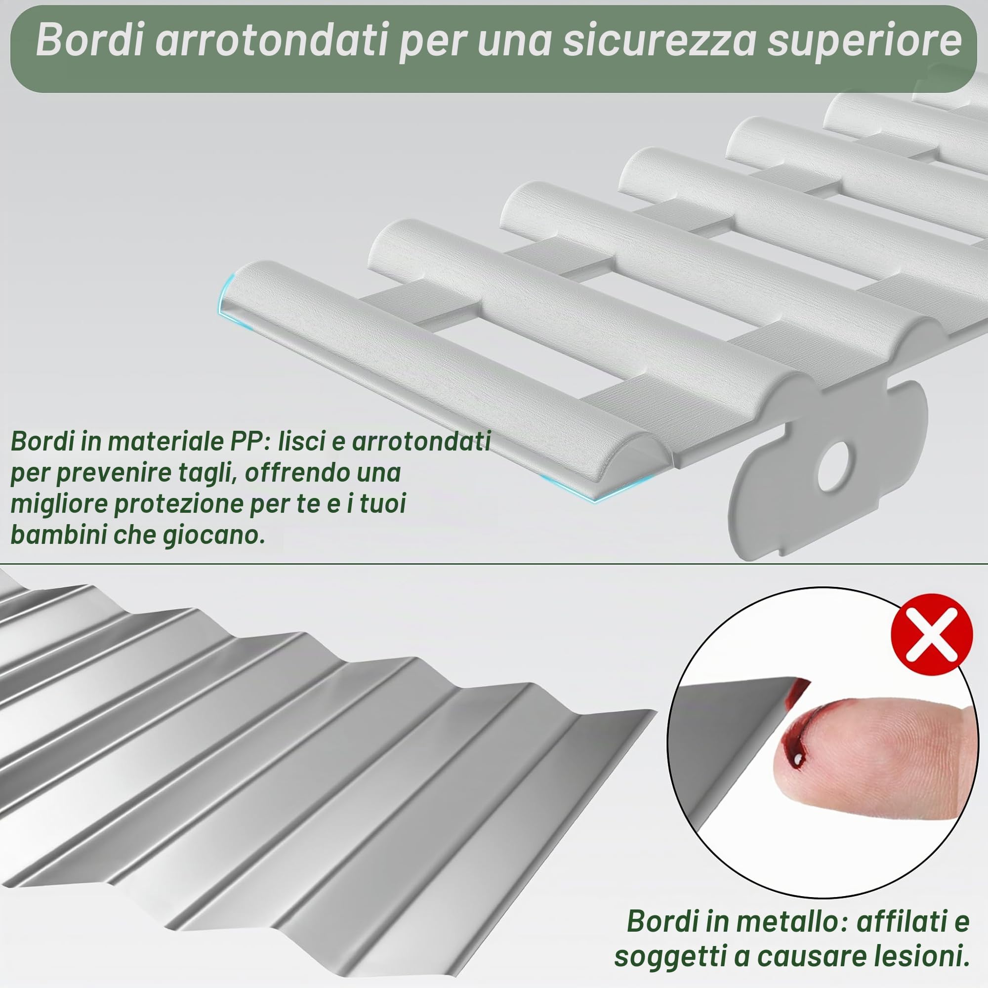 FIVMEN Bordo per prato in plastica 43x12 cm, recinzione per aiuola, delimitazione con chiodi a terra, recinzione flessibile per aiuola, recinto per giardino, 6 pezzi, bianco