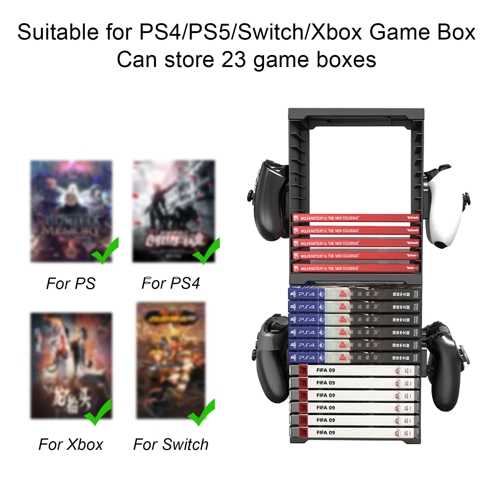 Torre di archiviazione universale per gioco e dischi Blu-Ray, scaffale per PS5/PS4/Xbox Series X/Xbox One/NS, con 24 gioco e 4 supporti per controller