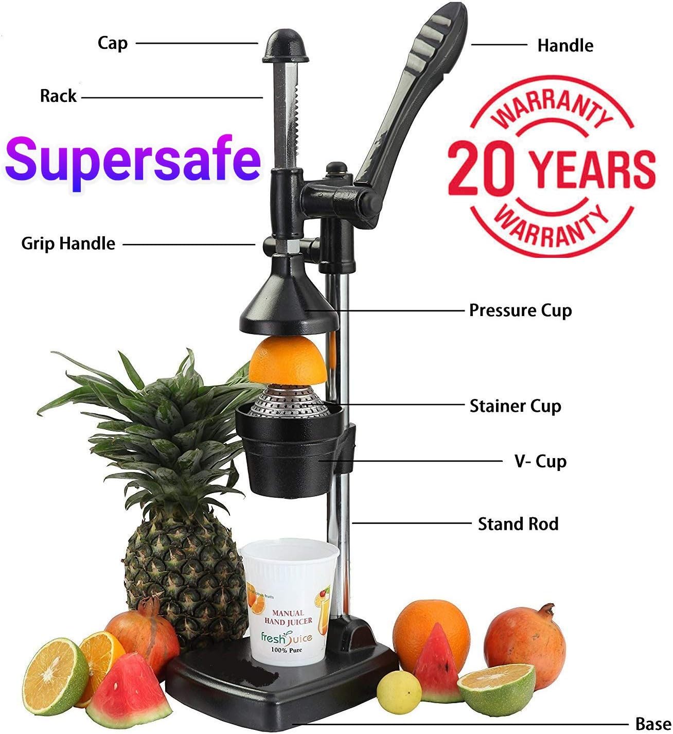 Kitchen Crown Supersafe Aluminium Hand Press Juicer Big, Black