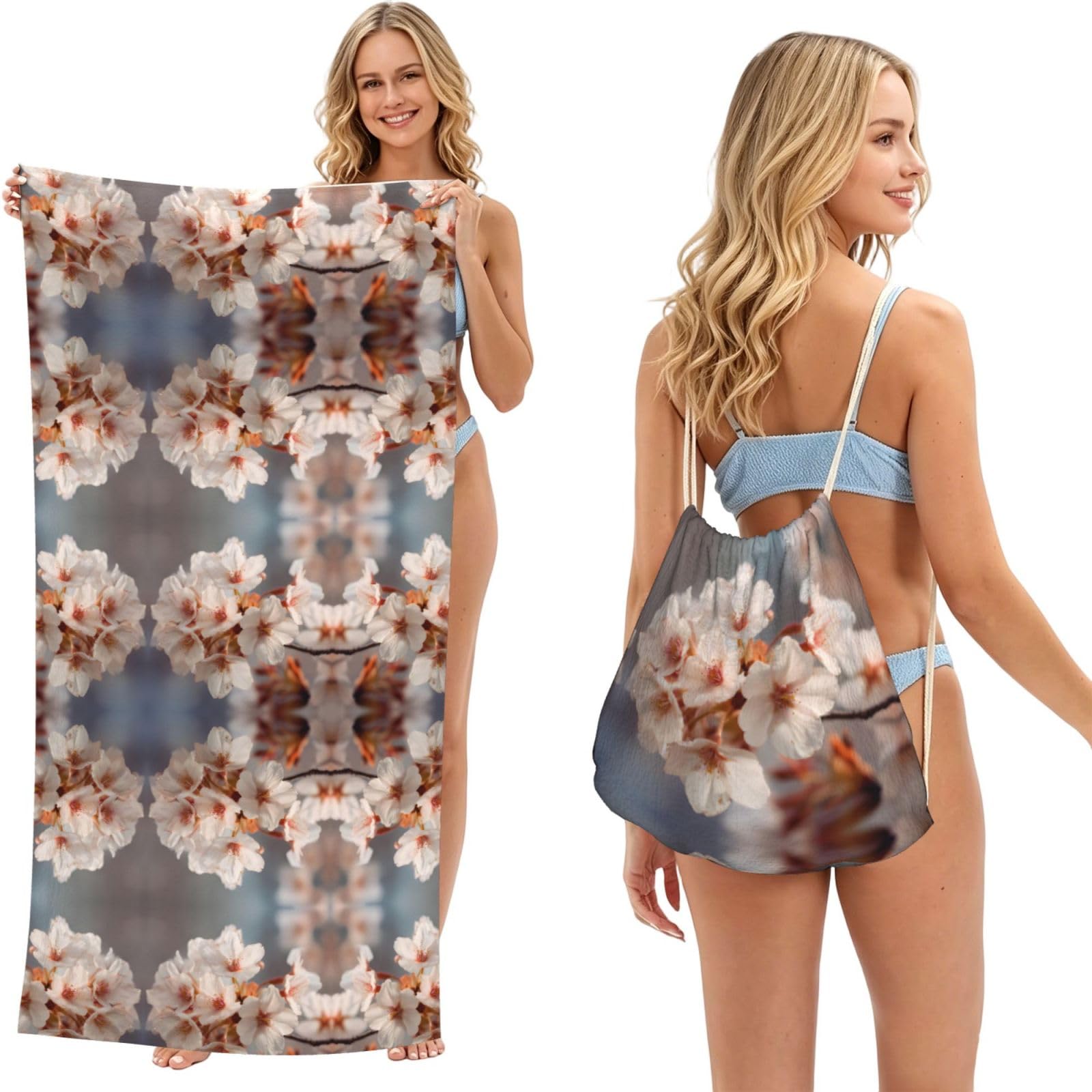 ESNAIUVCD Cherry Blossoms Print Beach Towel For Adults,Towel With Drawstring Bag, Travel Pool Swimming Sports Shower Sand Free Quick Dry Bath Towel For Pool, Beach, Yoga- 180x60cm