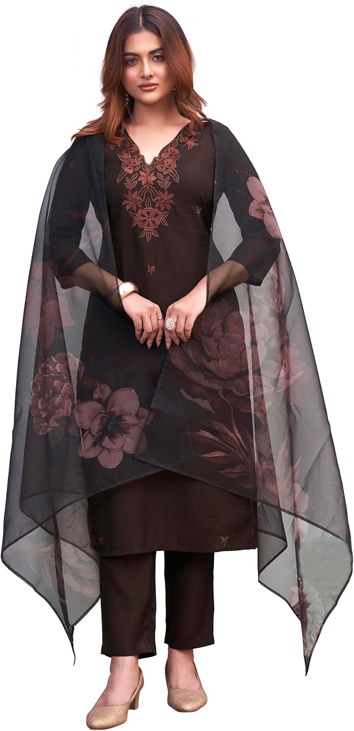 Womanista Women's Silk Blend Solid Straight Embroidered Kurta Set (Kurtaset_1393_Brown