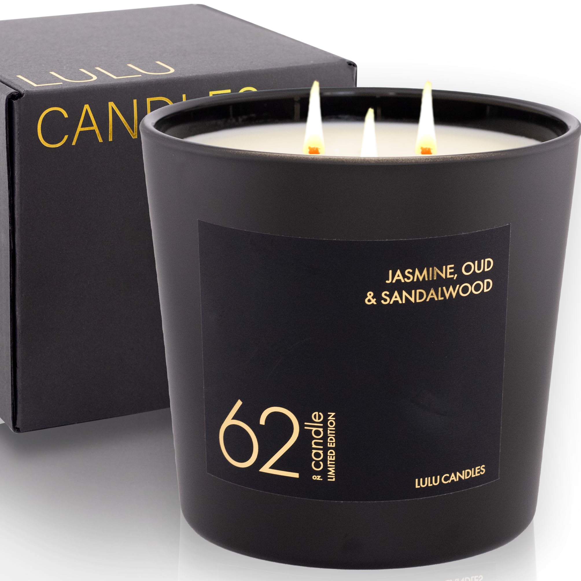 Lulu Candles | Jazmín, Oud y sándalo | Vela perfumada de lujo en tarro de soja | vertida a mano en los Estados Unidos | altamente perfumada de larga duración (66 onzas - XXL)