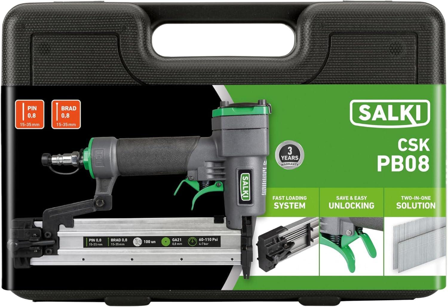 SALKI Chiodatrice ad aria compressa CSK PB08 + 2.000 pin 0,8 x 30 mm + 2.000 chiodi brad 0,8 x 30 mm | pistola per unghie ad aria compressa | morsetto per falegnameria e lavorazione del legno