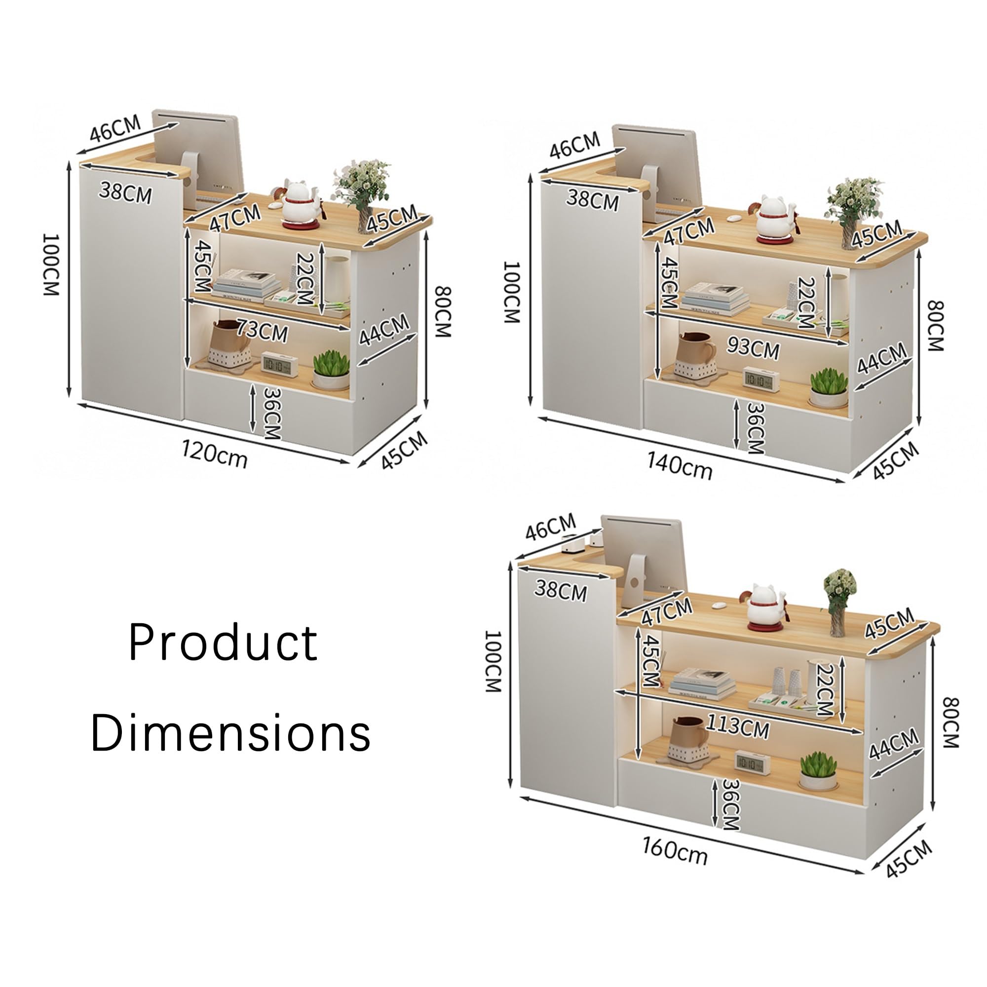 Mostrador de recepción con cajón y estantes Abiertos con Esquinas Redondeadas for Oficina, salón, Tienda y cafetería(Beige-Right,120cm)