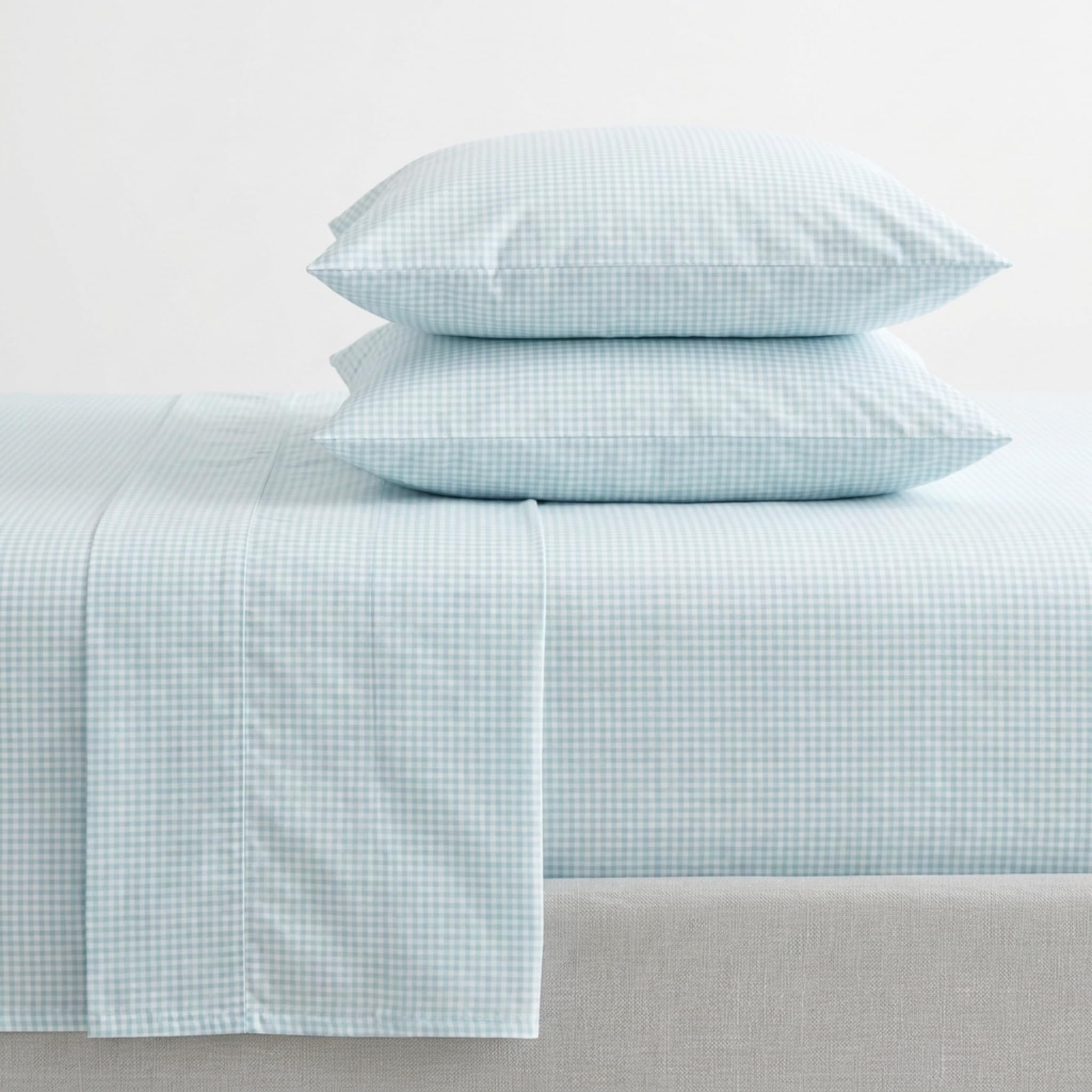 Martha Stewart - Twin XL Size Sheet Set, Breathable Cotton Percale Bedding with Matching Pillowcase, Fully Elastic Fitted Sheet, Deep Pocket, Crisp &amp; Cooling All-Season Comfort (Small Gingham Blue)