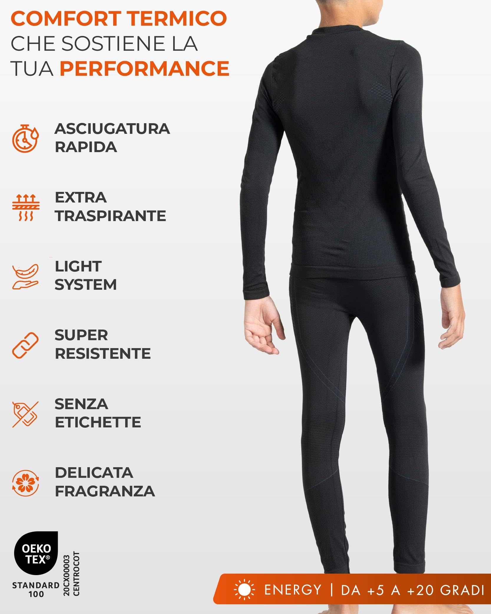 Risalti Maglia Termica Bambino Bambina e Calzamaglia Energy - Tuta Termica Bambino Unisex, Intimo Traspirante Senza Cuciture, Lupetto e Leggings Elasticizzati, Sci, Calcio, Ciclismo - Made in Italy