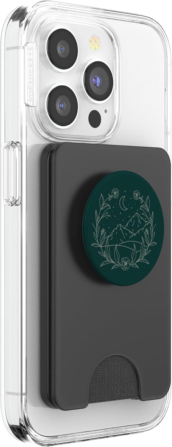 Boho Mountain Moon Night Botanical Floral (Forest Green) PopSockets PopWallet for MagSafe
