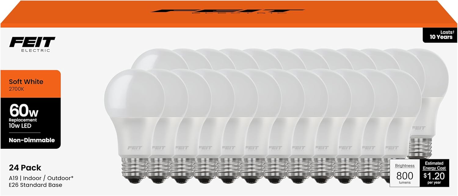 Feit Electric A19 LED Light Bulbs, 60W Equivalent, Non-Dimmable, 800 Lumens, E26 Standard Base, 2700K Soft White, 80 CRI, 10 Year Lifetime, Energy Efficient, 24 Pack, A800830/10KLED/MP/24