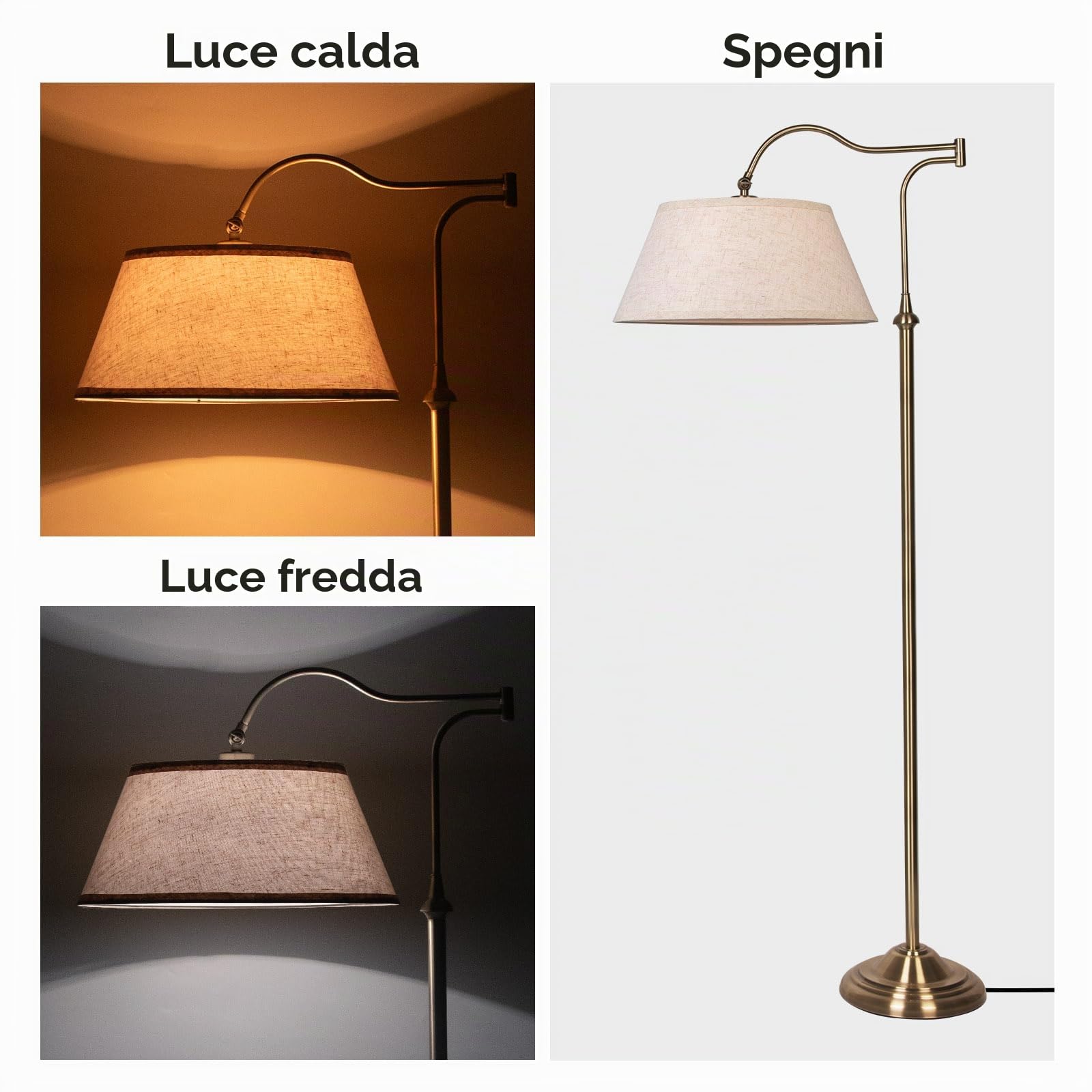 Lampada da terra con braccio oscillante, lampade da terra ad arco con braccio regolabile a 180° per soggiorno, lampada da terra Mid Century con paralume in lino, lampade alte per camera da letto