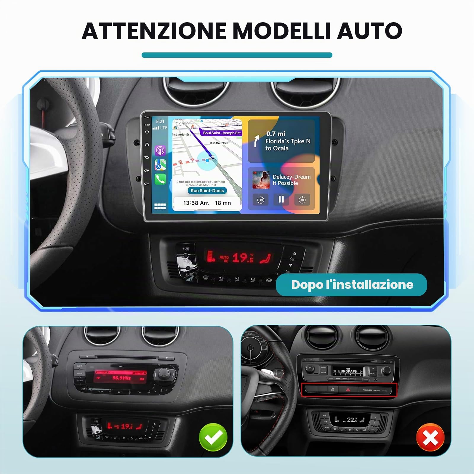Roinvou 2+64G Schermo Radio per Seat Ibiza 2009-2013 con Wireless CarPlay Android Auto, Android Autoradio 9 Pollici Stereo Auto con Wi-Fi GPS Bluetooth EQ FM/RDS SWC Telecamera Posteriore