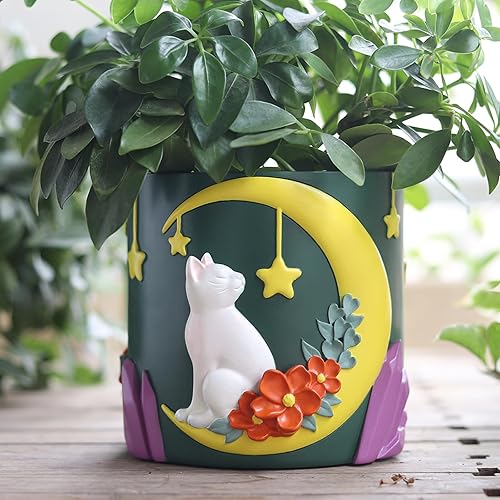GUGUGO Macetas coloridas con diseño de luna y gato, bonitas macetas únicas para suculentas con drenaje, macetas pequeñas y coloridas del arco iris