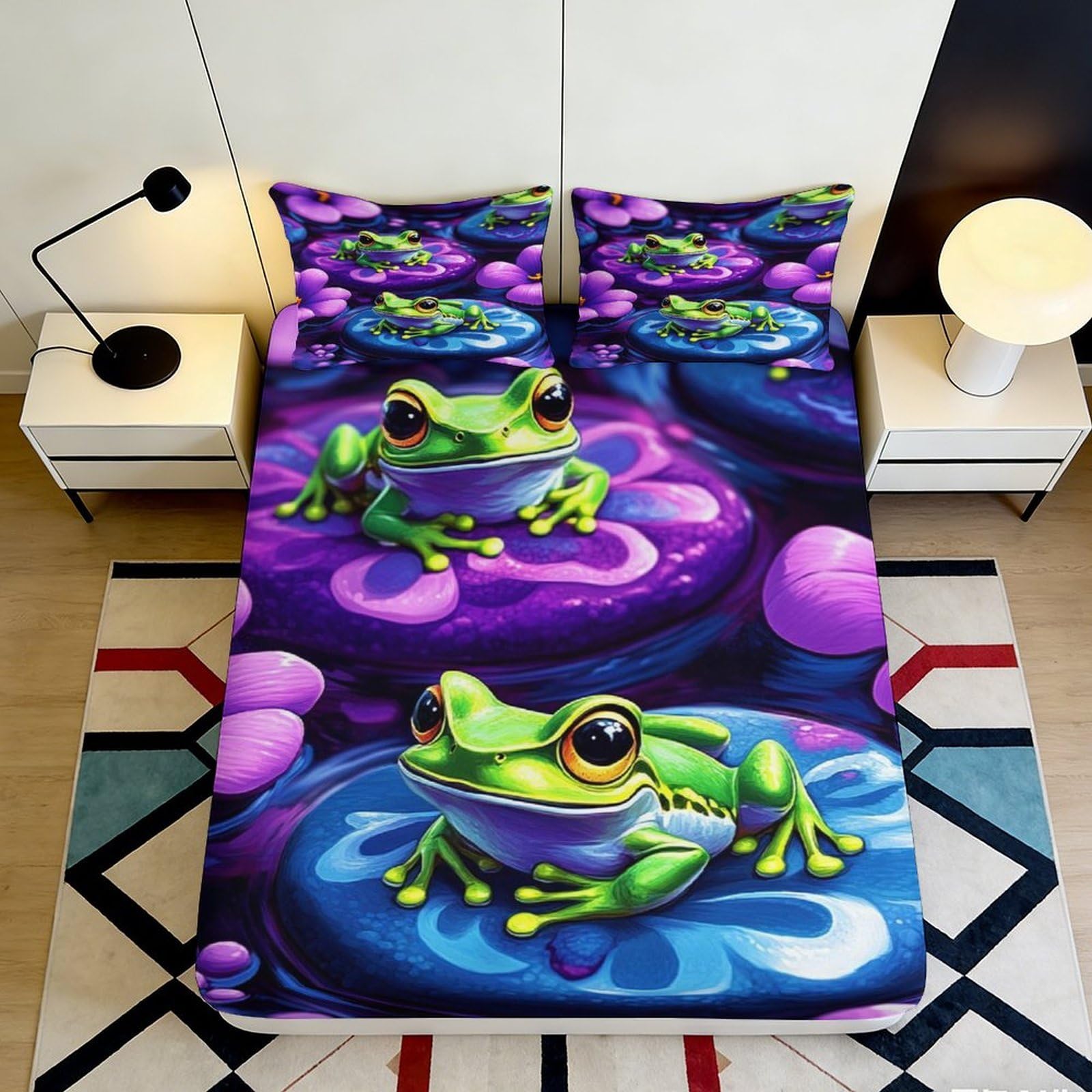 Jqzkxnhpbr Style-1 3D Printed Green Frog Fitted Sheet Microfiber Vibrant Purple Lily Pad Mattress Cover Bedroom Decor 90X200x25cm