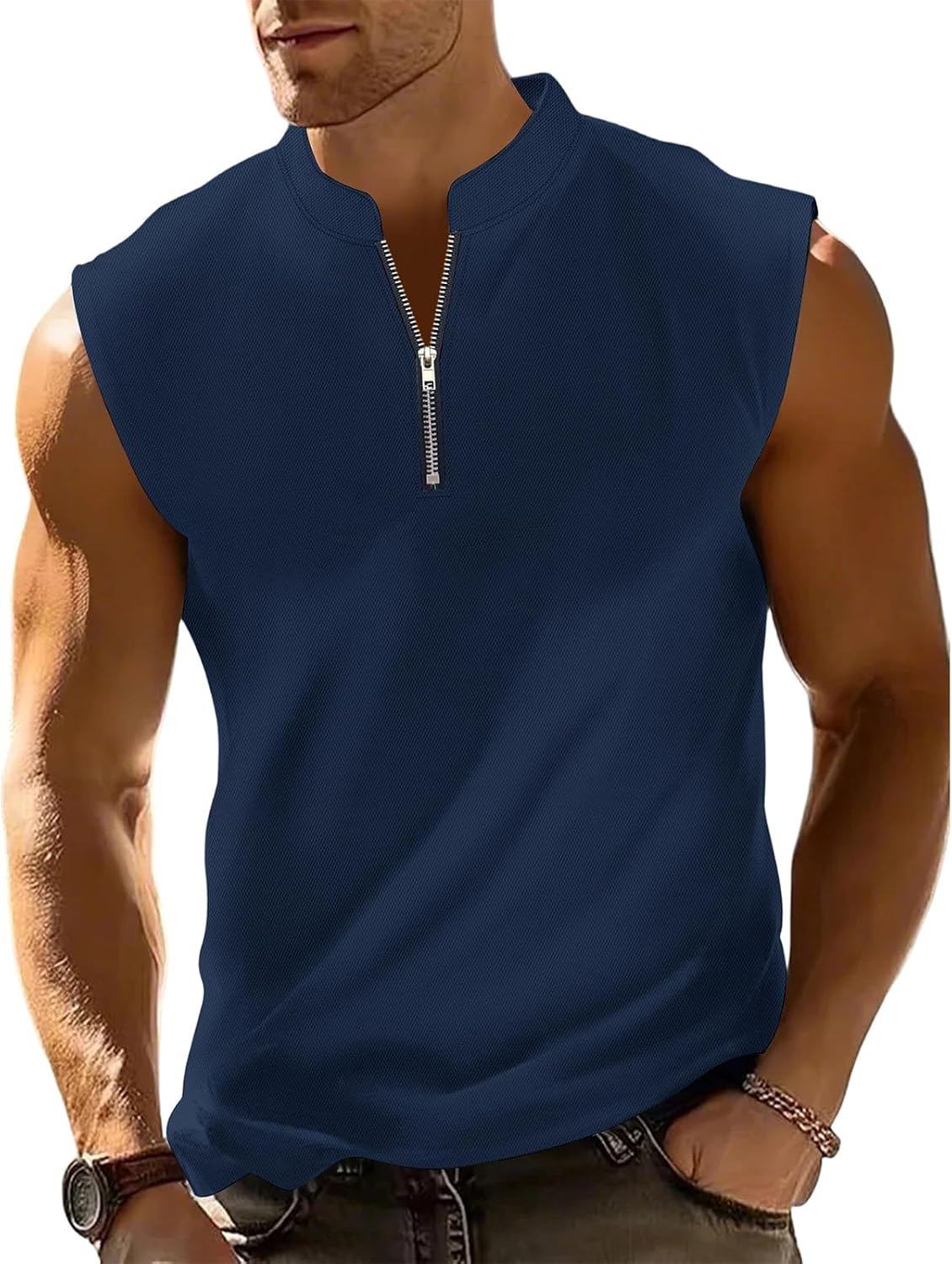 WENKOMG1 Men's Quarter Zip Sleeveless Summer Casual Workout Training Tank Tops, S-3XL