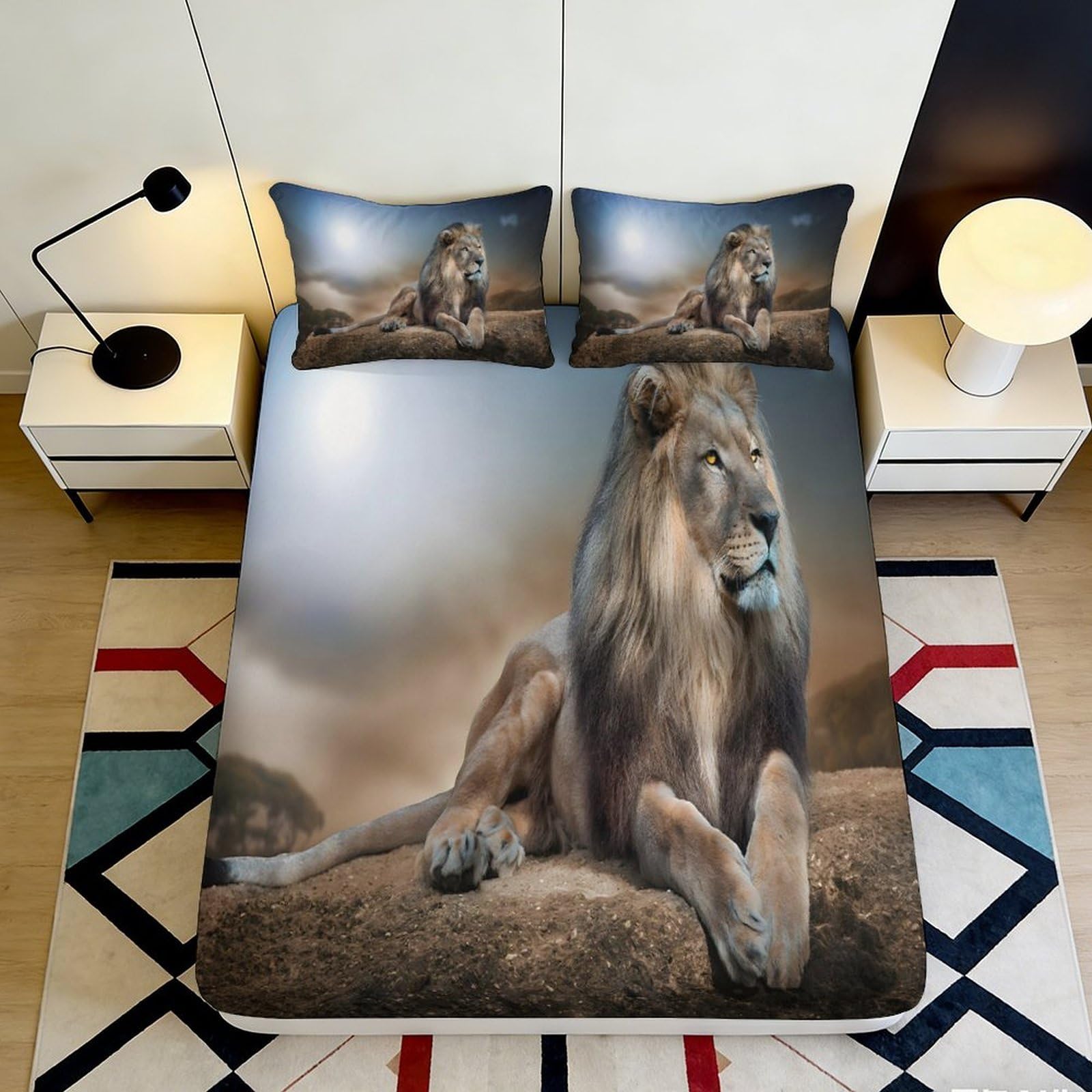 3D Printed Majestic Lion Fitted Sheet Microfiber Soft Anti-Slip Wild King Mattress Cover Bedroom Decor 90x200x25cm