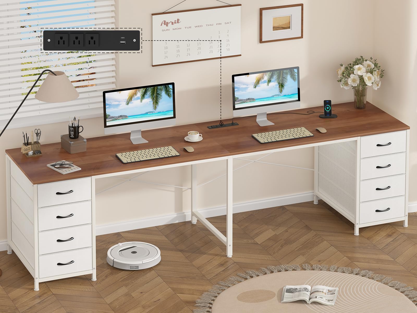 YOMILUVE 95' 2 Person Desk with 8 Fabric Drawers for Home Office, Living Room