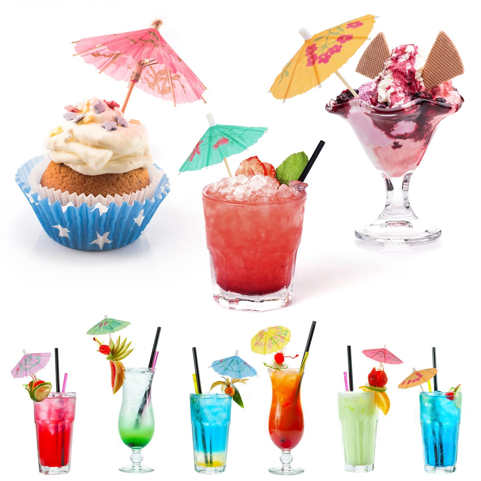 Cocktail Umbrellas - 50PACK Drink Umbrellas for Drinks, Paper Mini Umbrella for Drinks Hawaiian Cupcake Toppers Cocktail Garnishes Colorful Paper Toothpicks for Party Decorations