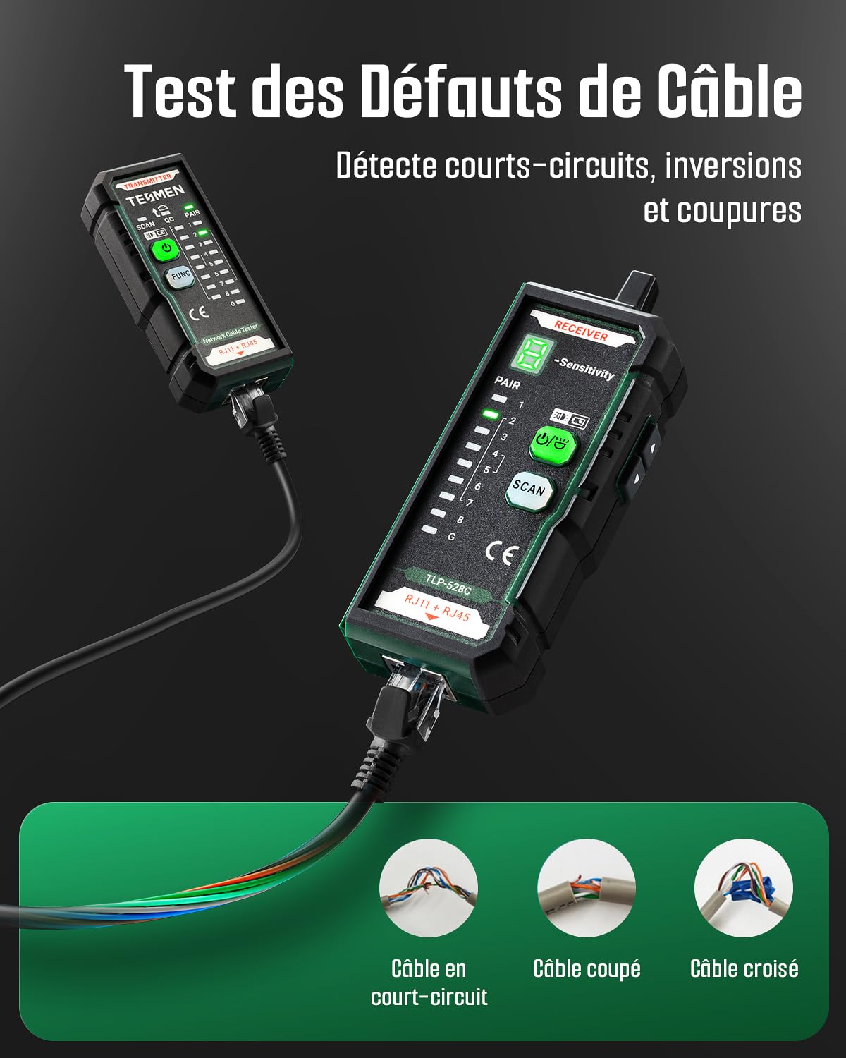 TESMEN TLP-528C Testeur de câbles réseau, RJ11/RJ45, détecteur Ethernet CAT5/CAT6 avec test de continuité & QC, localisateur LAN et téléphonique, idéal pour maintenance des câbles – Vert