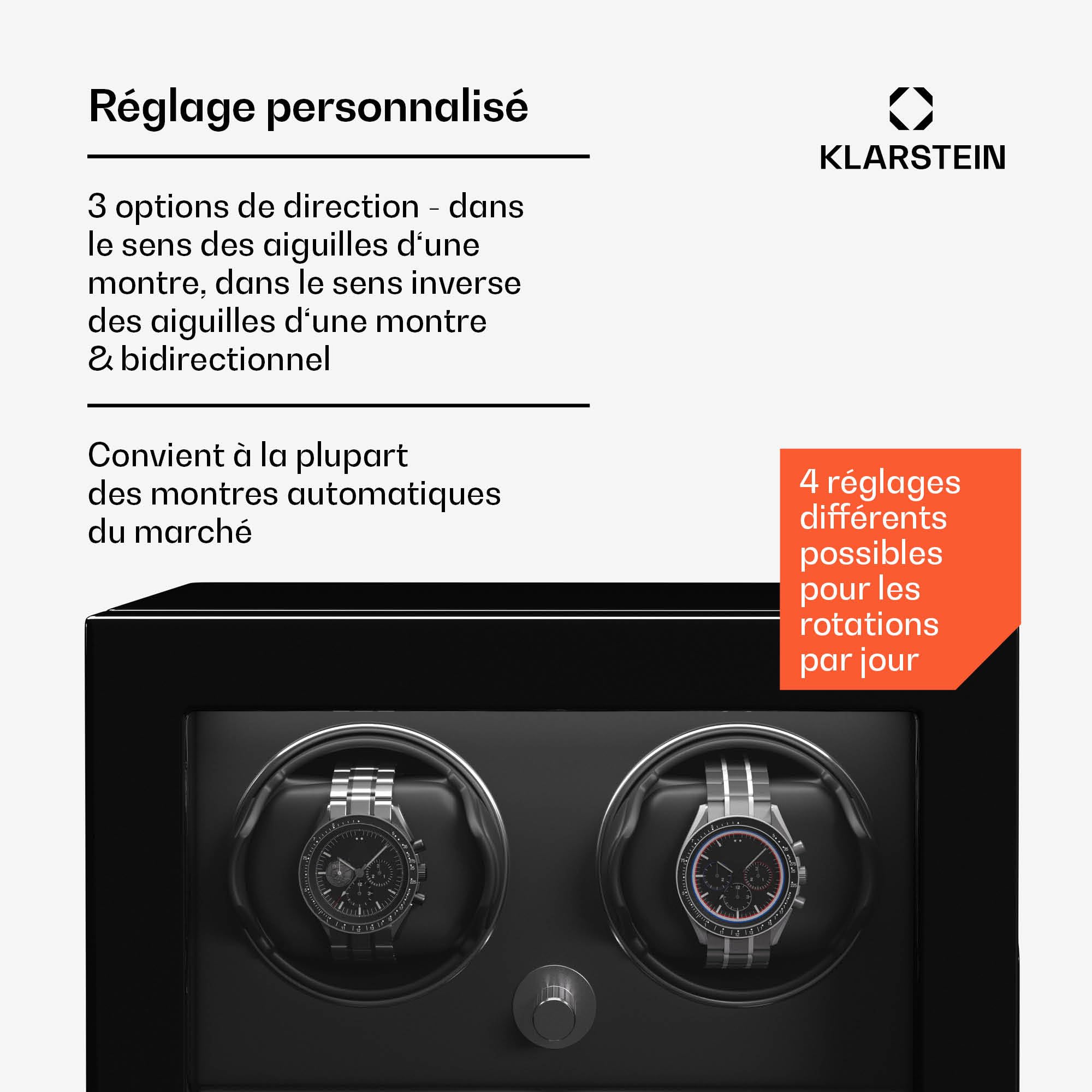 KLARSTEIN ChronoVault Remontoir de Montre Automatique – Boite à Montre Automatique pour 5 Montres, Moteur Silencieux Japonais, Cuir végétal, 4 Modes de Rotation, LED & tiroir à Bijoux