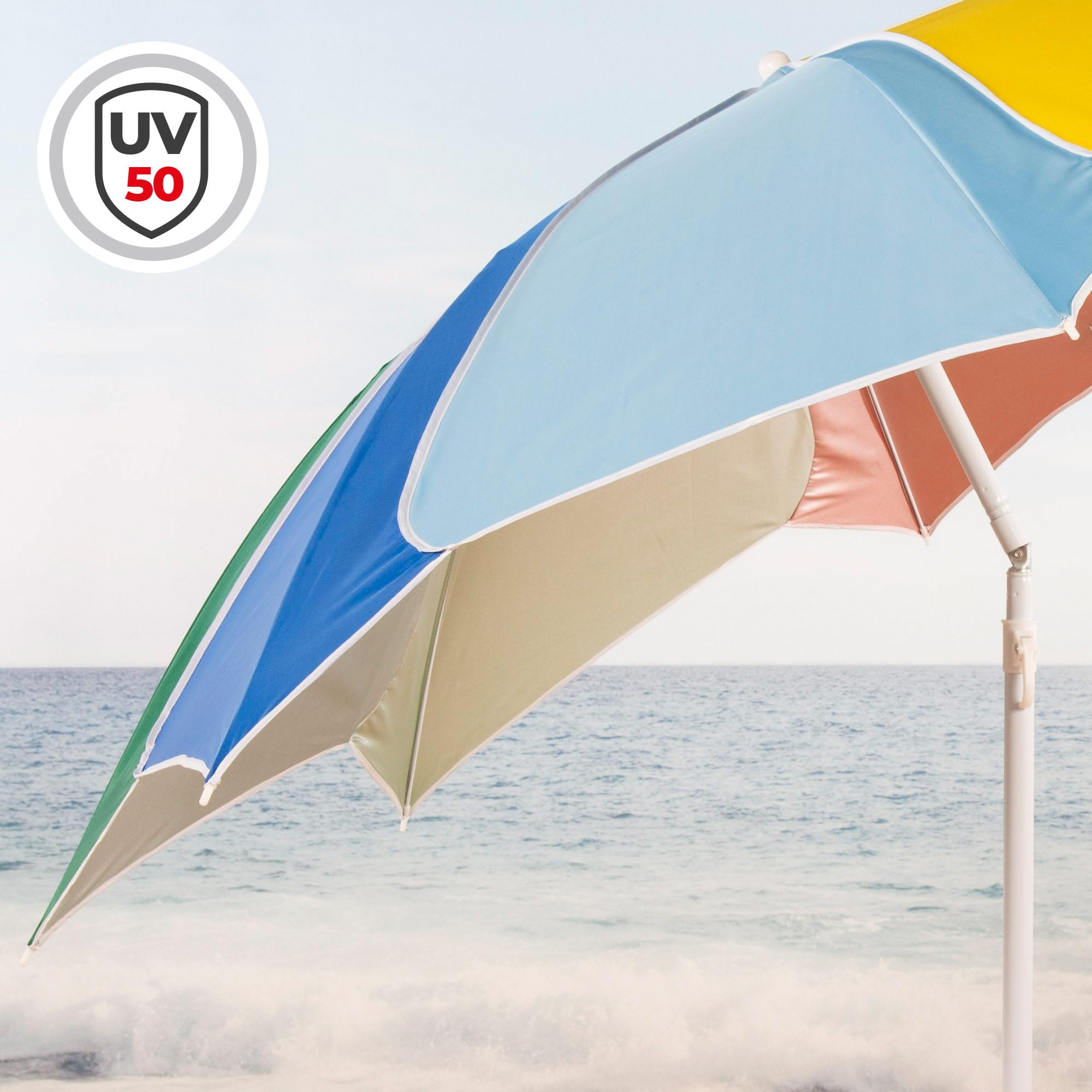 AKTIVE Beach 62525 Parasol de plage inclinable, diamètre 200 cm, design multicolore, protection UV50, matériau Oxford, avec 8 baleines, pour extérieur, jardin, terrasse