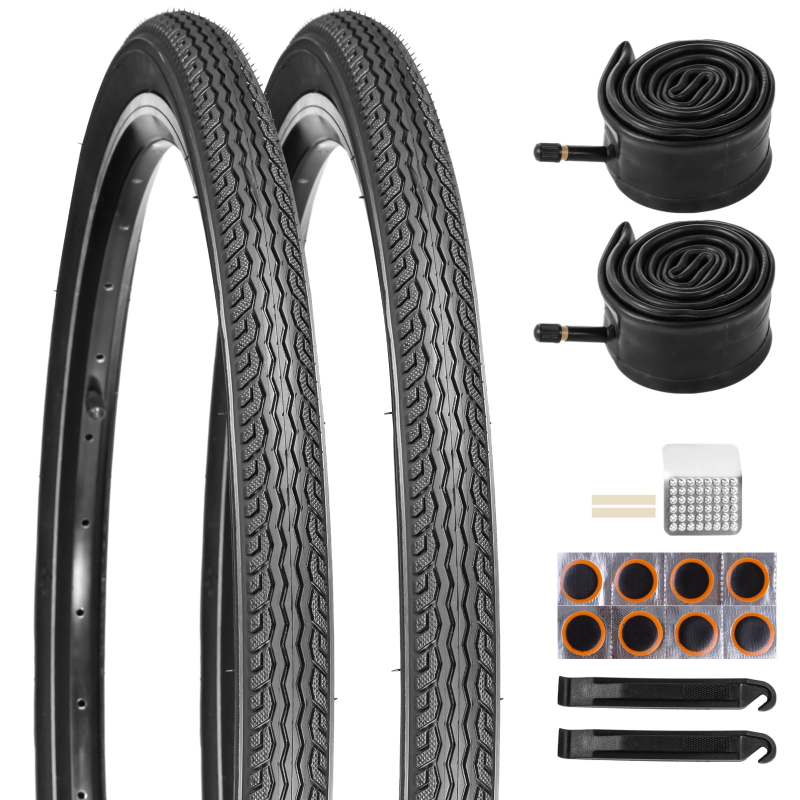 2 PCS 24x1.75/24x2.125 Bicycle Tire and Tube Set, 24 Inch Road Commuter Replacement, 44-507/57-507 ETRTO Rubber Tires with A/V Inner Tubes, Repair Kit, Smooth Tread