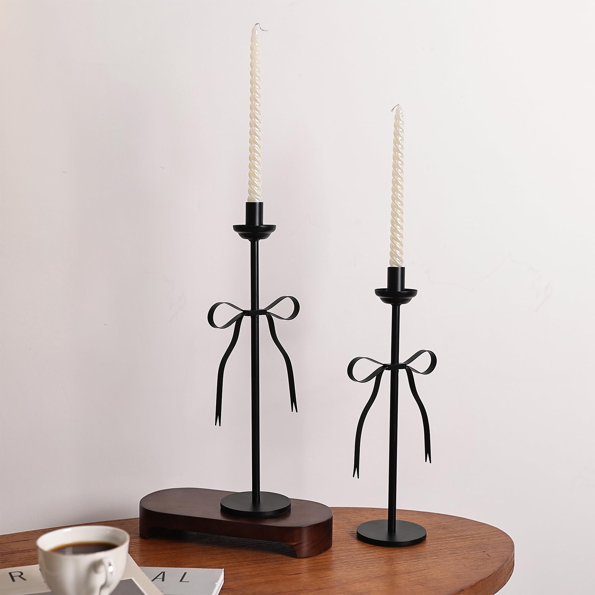 Black Taper Candlestick Holders,Set of 2 Bow Candle Stick Holders,Metal Modern Candle Stands Decorative for Dining Table Centerpiece,Wedding Decor