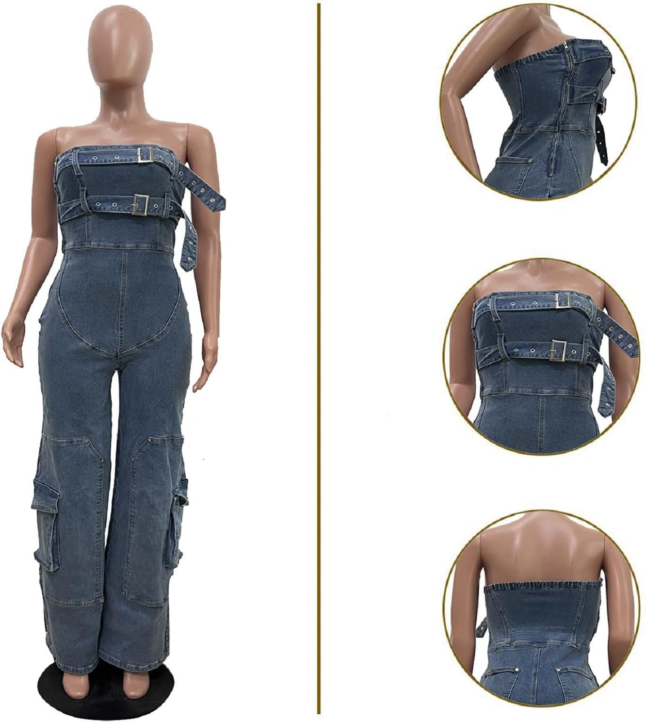 Tbahhir Denim Jumpsuit for Women Casual Off Shoulder Sleeveless Romper Wide Leg Overalls Tube Cargo Jean Pants - Image 6