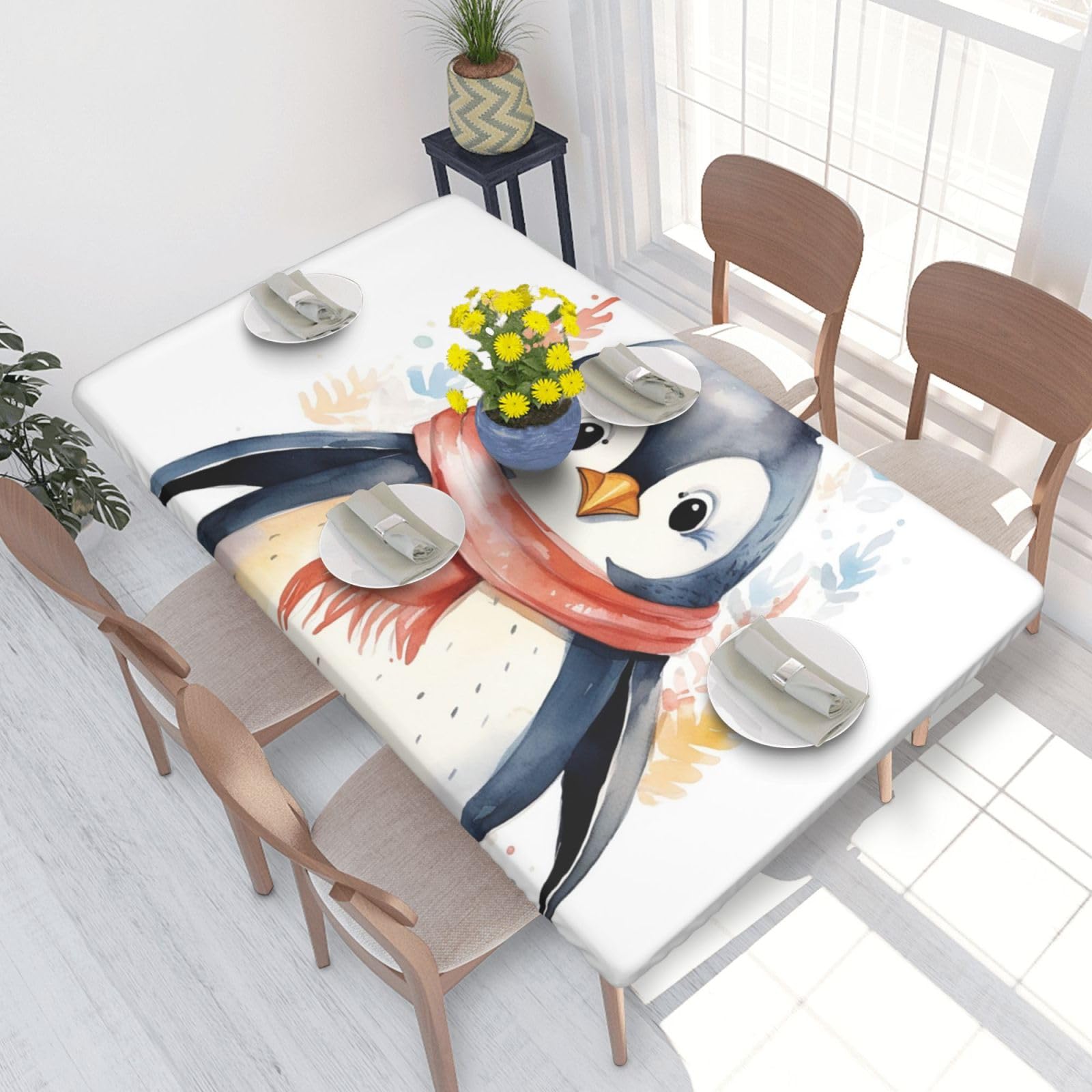 Cute Cartoon Penguin Waterproof Square Table Cover Elastic Fitted Tablecloth Oil Proof Table Protector For 4ft Table