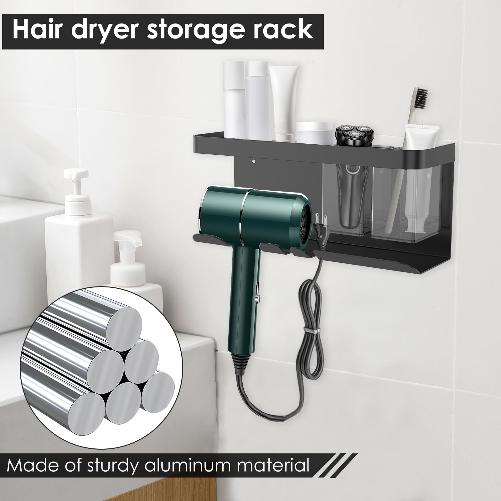 KTZCTPCA Hair Dryer Holder Rack, Wall Mount Blow Dryer Hanger, Aluminum Hair Blow Dryer Rack with Detachable Storage Box, Appliance Organizer for Hairdryer, Hair Brush, Hair Straightener (Black)