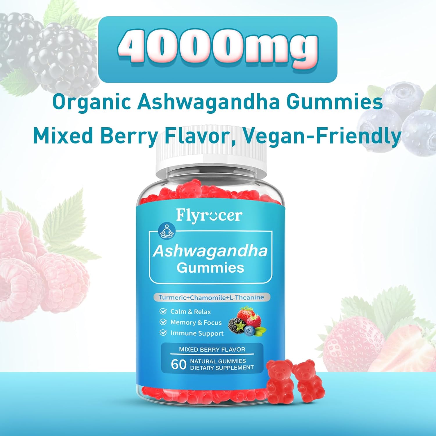2 Pack Ashwagandha Gummies, Organic Ashwa Root Extract Supplement for Women & Men, Vegan, Gluten-Free, Mixed Berry Flavor, 120 Count - Image 7