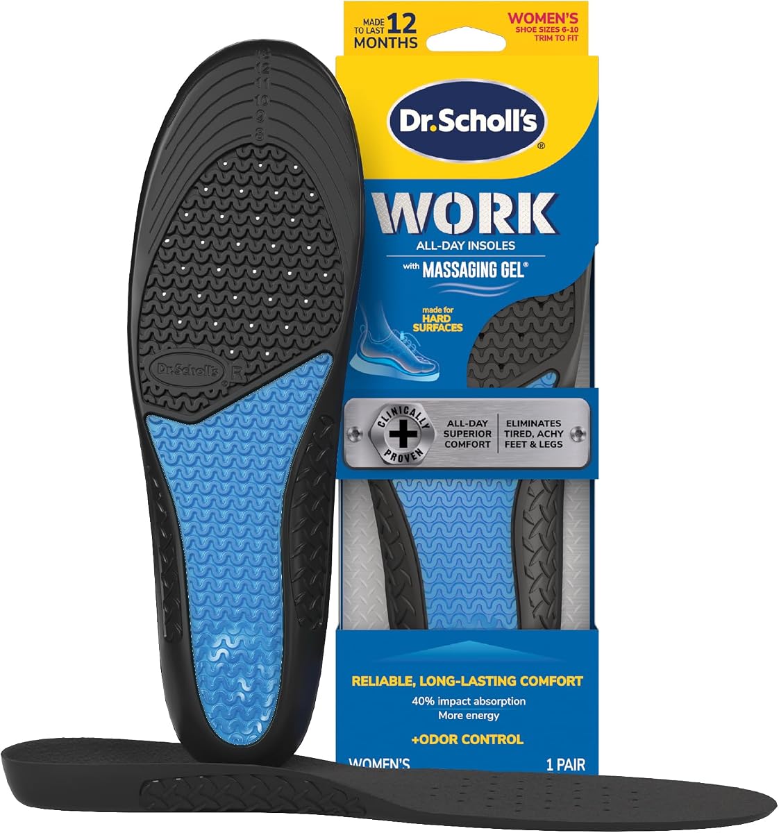 Work All-Day Superior Comfort Insoles (with) Massaging Gel, Women, 1 Pair, Trim to Fit