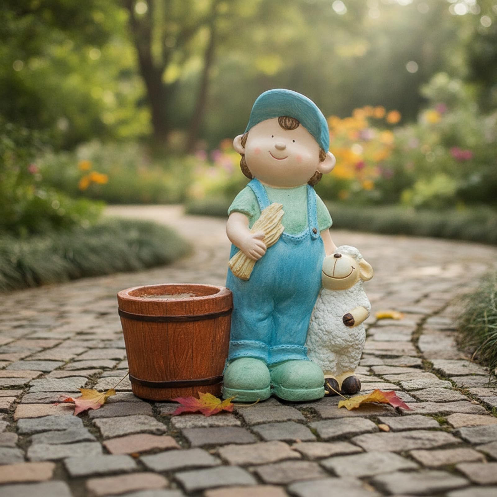 Blumentopf mit Kinderfigur Handbemalt Pflanztopf mit Cartoon-Figur Dekorativ Gartendeko für Gartenliebhaber, Balkon, Junge Mit Schaf