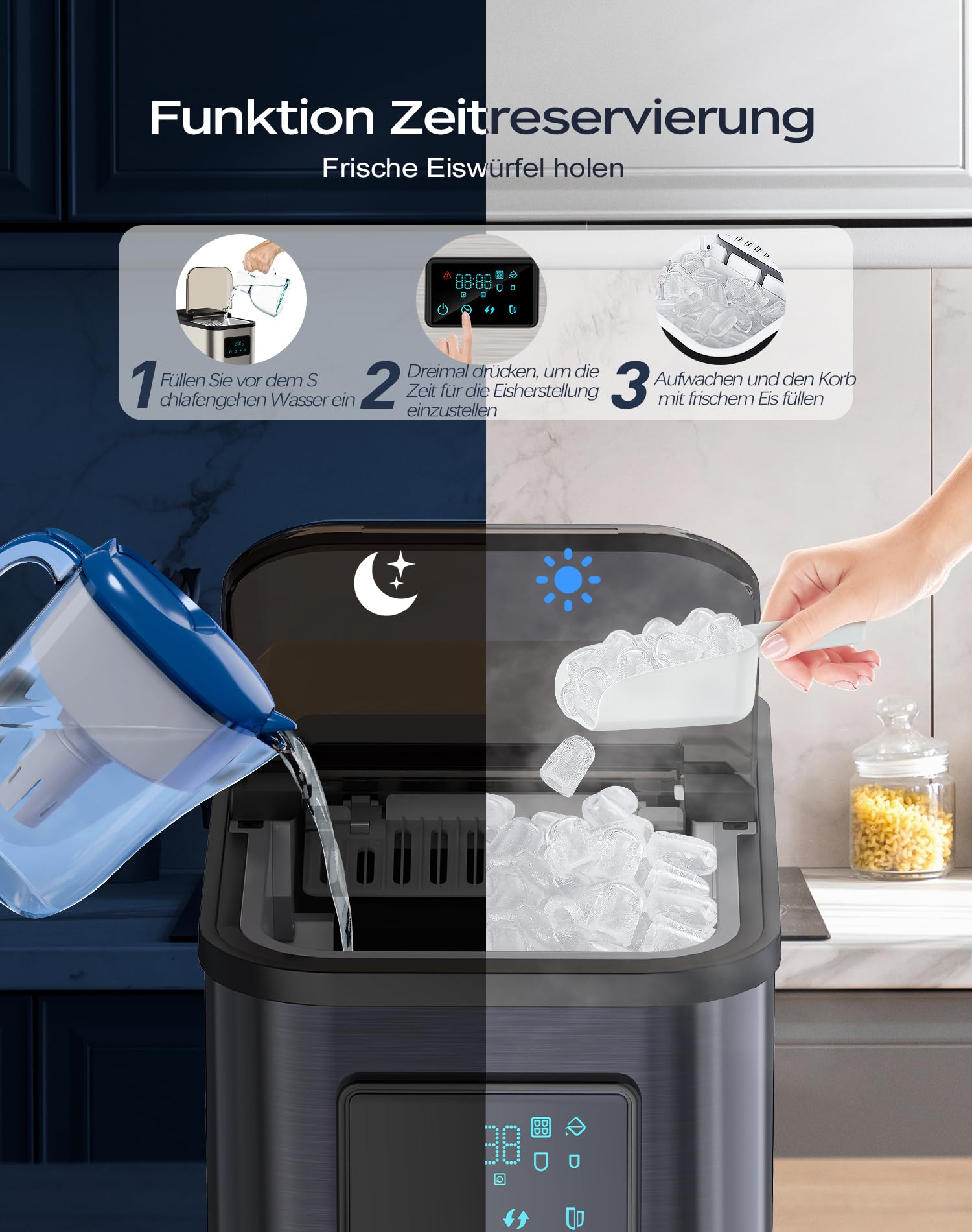 Edelstahl Eiswürfelmaschine mit LED-Display Eismaschine Eiswürfelbereiter und Reinigungsfunktion 2L Wassertank inklusive Eisschaufel und Korb 2 Eiswürfel Größen für Küche, Büro, Bar und Party