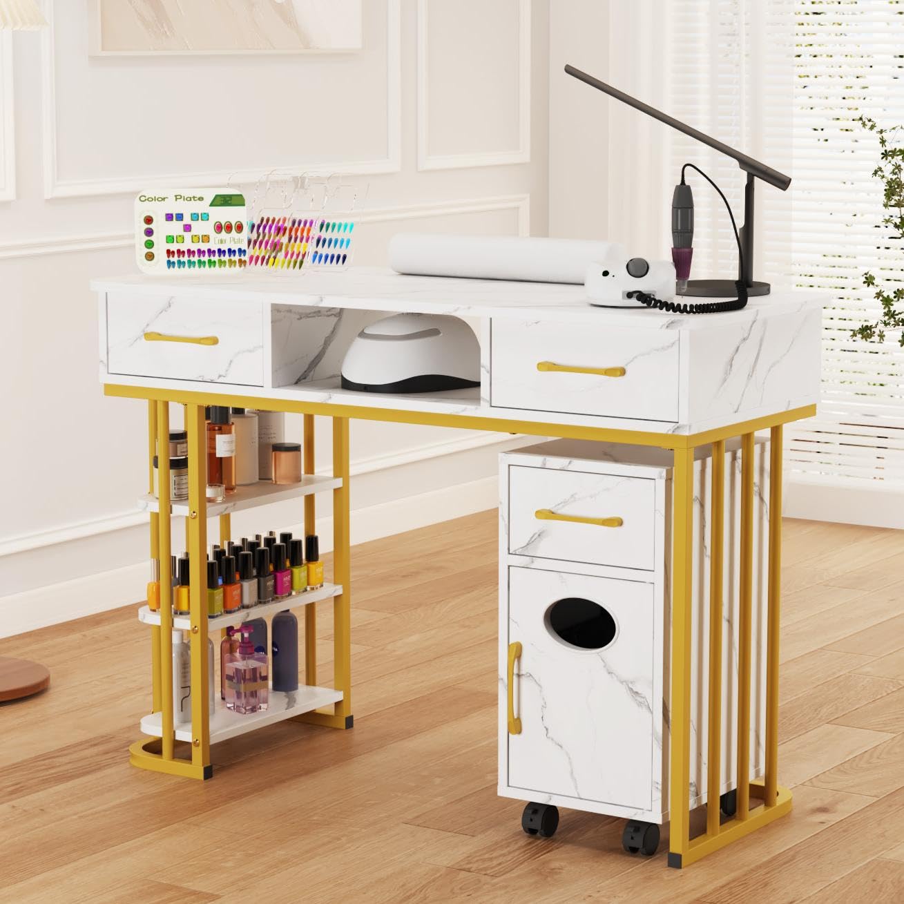 Manicure Table Nail Desk for Nail Tech, Marbling Texture Modern Nail Station with Wrist Cushion & Cabinet, Multipurpose Table for Home Office Beauty Spa Salon