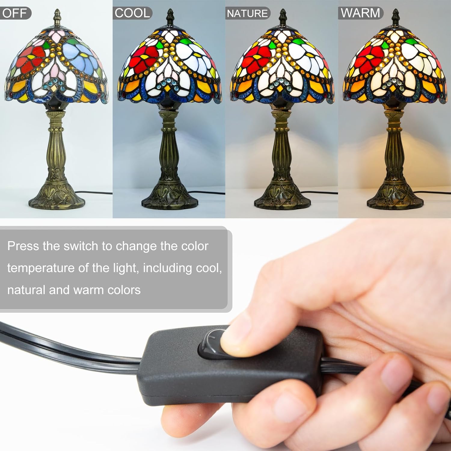 Small Tiffany Table Lamp, 3 Color Temperature, 8 Inch Antique Stained Glass Lamp for Bedroom Living Room Home, Handcrafted Light, Included Bulb (J Red Rose Bead)