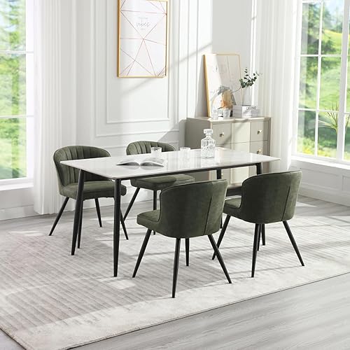 Miniatura 3 de Juego de 2 sillas de comedor de cuero verde, modernas de mediados de siglo, con respaldo tapizado, sillas laterales sin brazos para cocina, comedor,