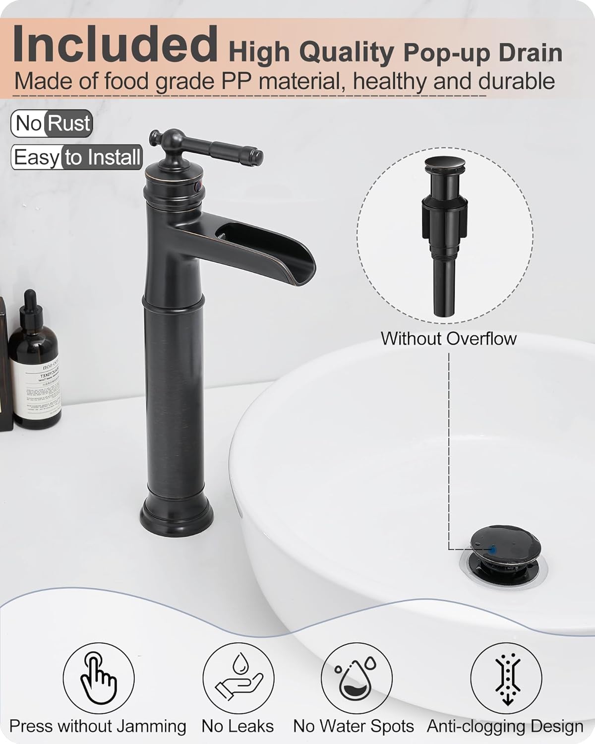 Oil Rubbed Bronze Bathroom Faucet, Brass Tall Bathroom Sink Faucet Single Handle Waterfall, 4 Inch 3 Hole Bathroom Sink Faucet with Pop-Up Drain & Water Hose for Farmhouse