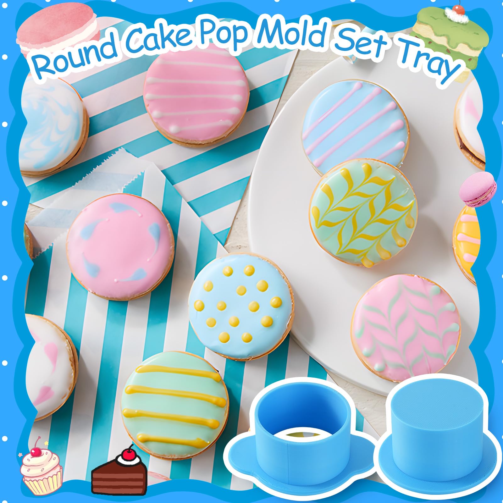 Cake Pops Mold & Rolling Tray Set - 1.75" Circle Mold, Cutter, Pusher, Paper Sticks & Bags (Blue, 100 Count)