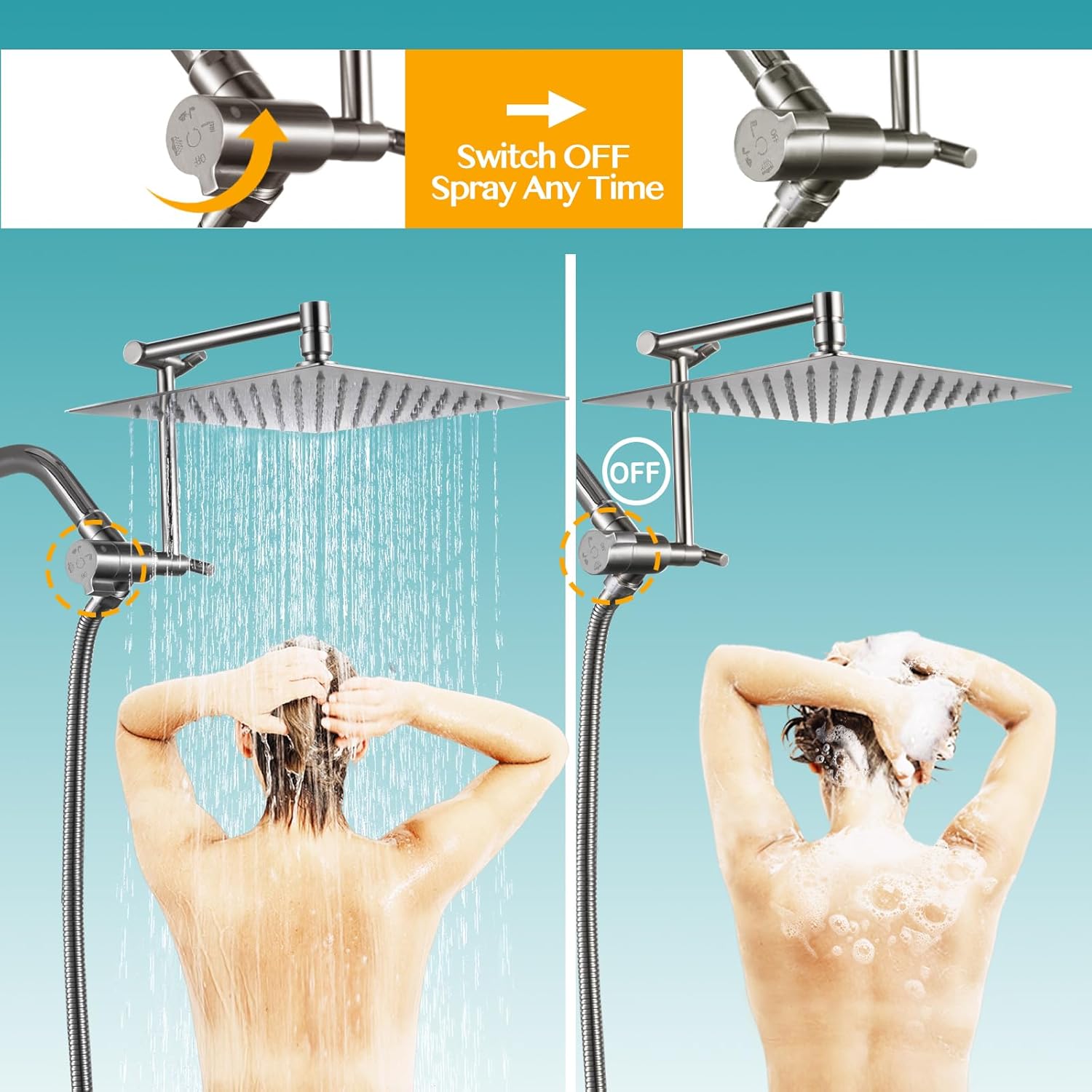 10" Metal Rain Shower Head with Handheld Spray Combo, 4 Settings Shower Diverter with Pause Mode, Stainless Steel Shower Wand, Adjustable Extension Arm, 71 Inch Extra Long Hose - Brushed Nickel