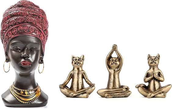 African Head Statue & Yoga Cat Figurines Bundle