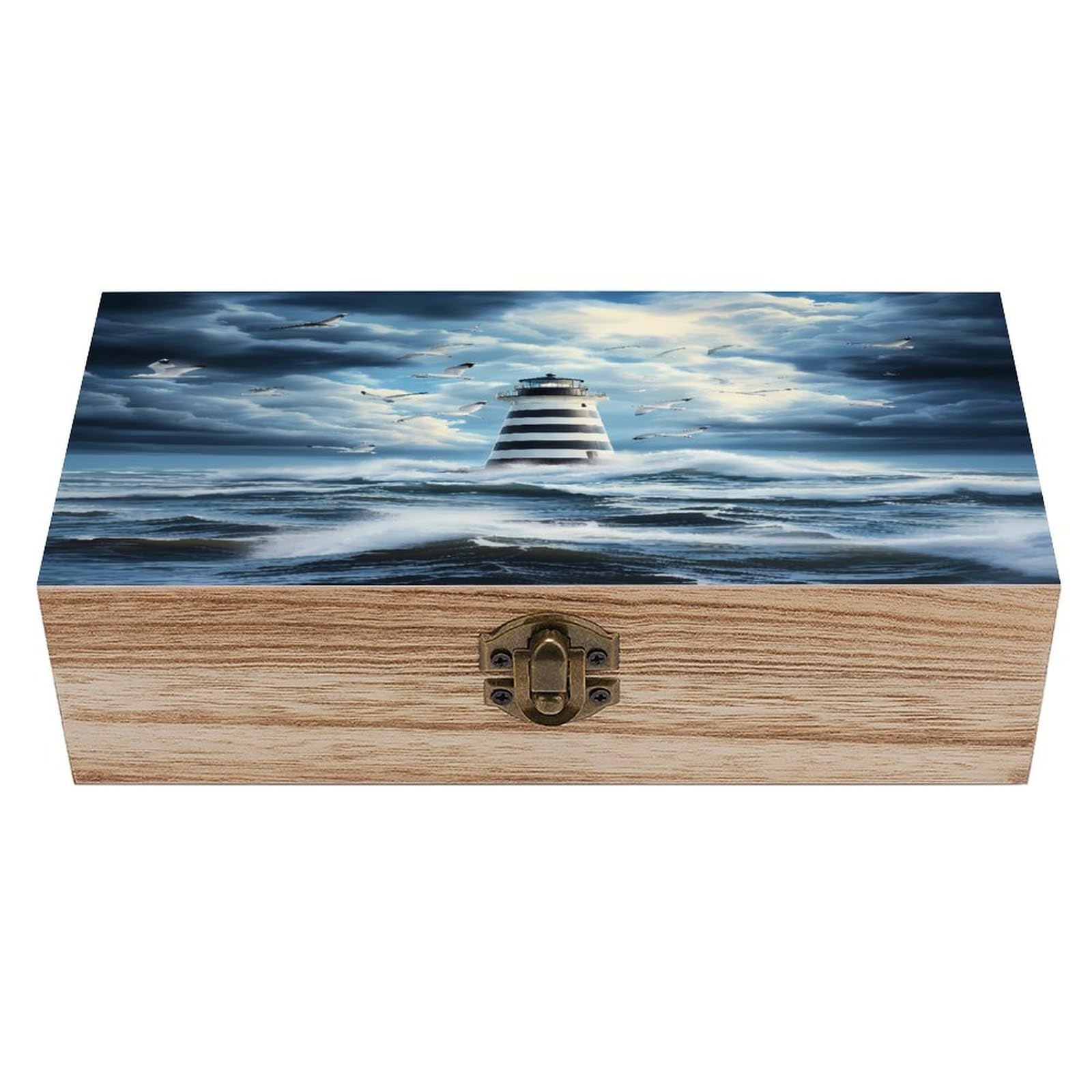 HLBSDM Lighthouse Seagulls Wooden Storage Box with Front Clasp Vintage Keepsake Boxes for Jewelry Decorative Gift Ideas for Men Women