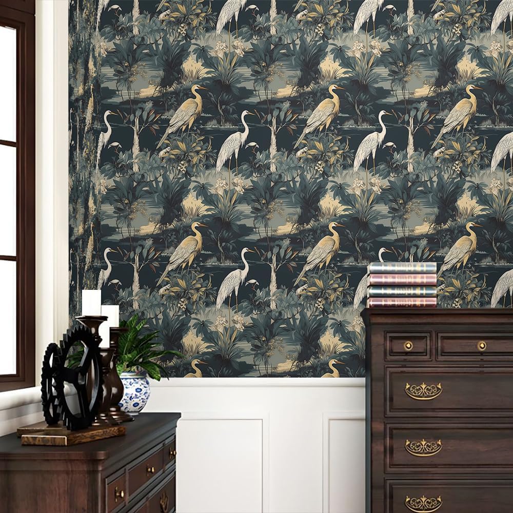 REDAMANCY Modern Abstract Gray Blue Jungle Birds Nature Peel and Stick Wallpaper Vintage Wall Paper Stick on Contact Paper Easy Peel Off for nightstand Drawer Renter Friendly 17.7"x236"