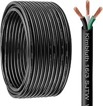 16 Gauge 3 Conductor Wire, SJTW Outdoor Extension Power Cable, 20FT, Black | 16/3 Wire Heavy Duty Pure Copper Electrical Wire for Lawn, Battery, Automotive, Outdoors