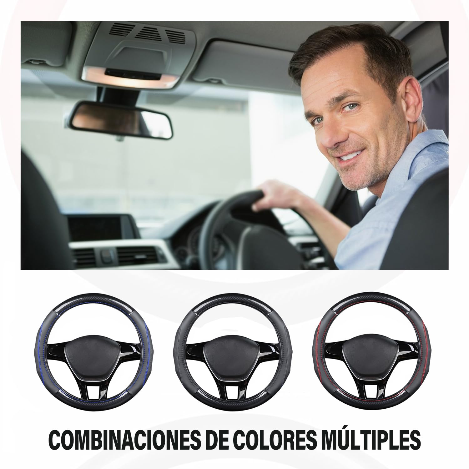 Ergocar Funda Volante De Coche Antideslizante Volante De Coche Protector Forma De D Fibra de Carbono & Piel de Vaca de Primera Capa Para Diámetro 38cm (15 ") (D-negro)